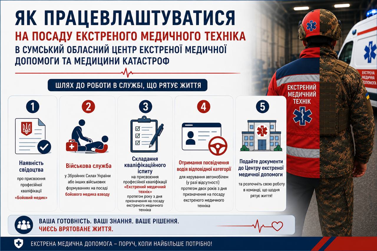 Демобілізовані бойові медики із Збройних Сил України можуть працевлаштуватися до Центру екстреної медичної допомоги
